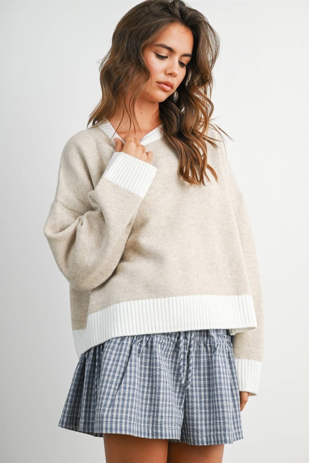 Cozy Contrast Trim Sweater - TAUPE and IVORY