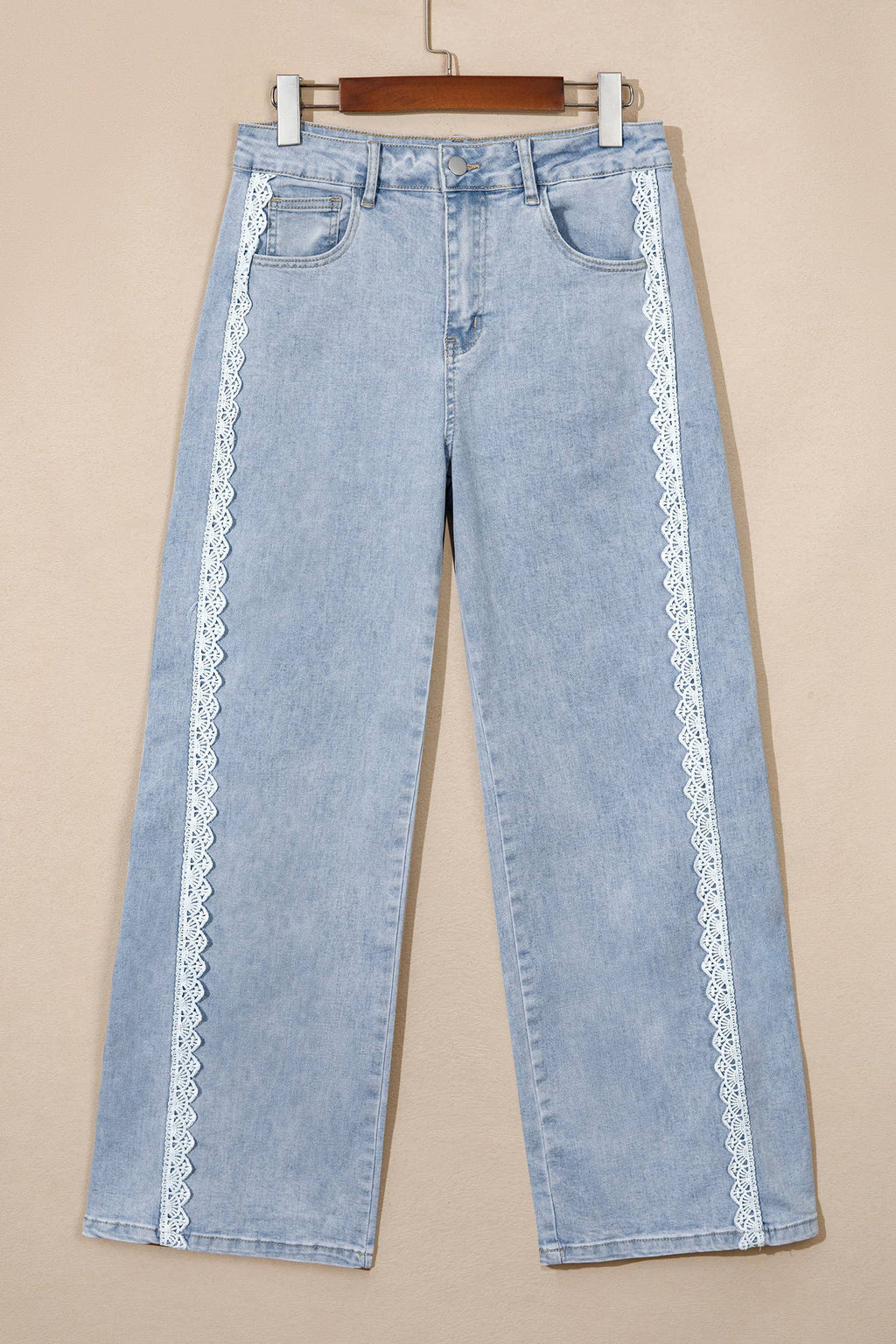 Lace Color Block Wide Leg Denim Pants - Beau Blue