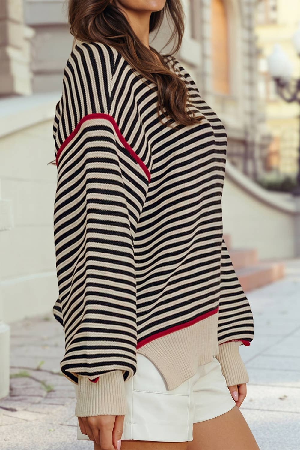 Ribbed Contrast Trim Drop Shoulder Loose Pullover Sweater