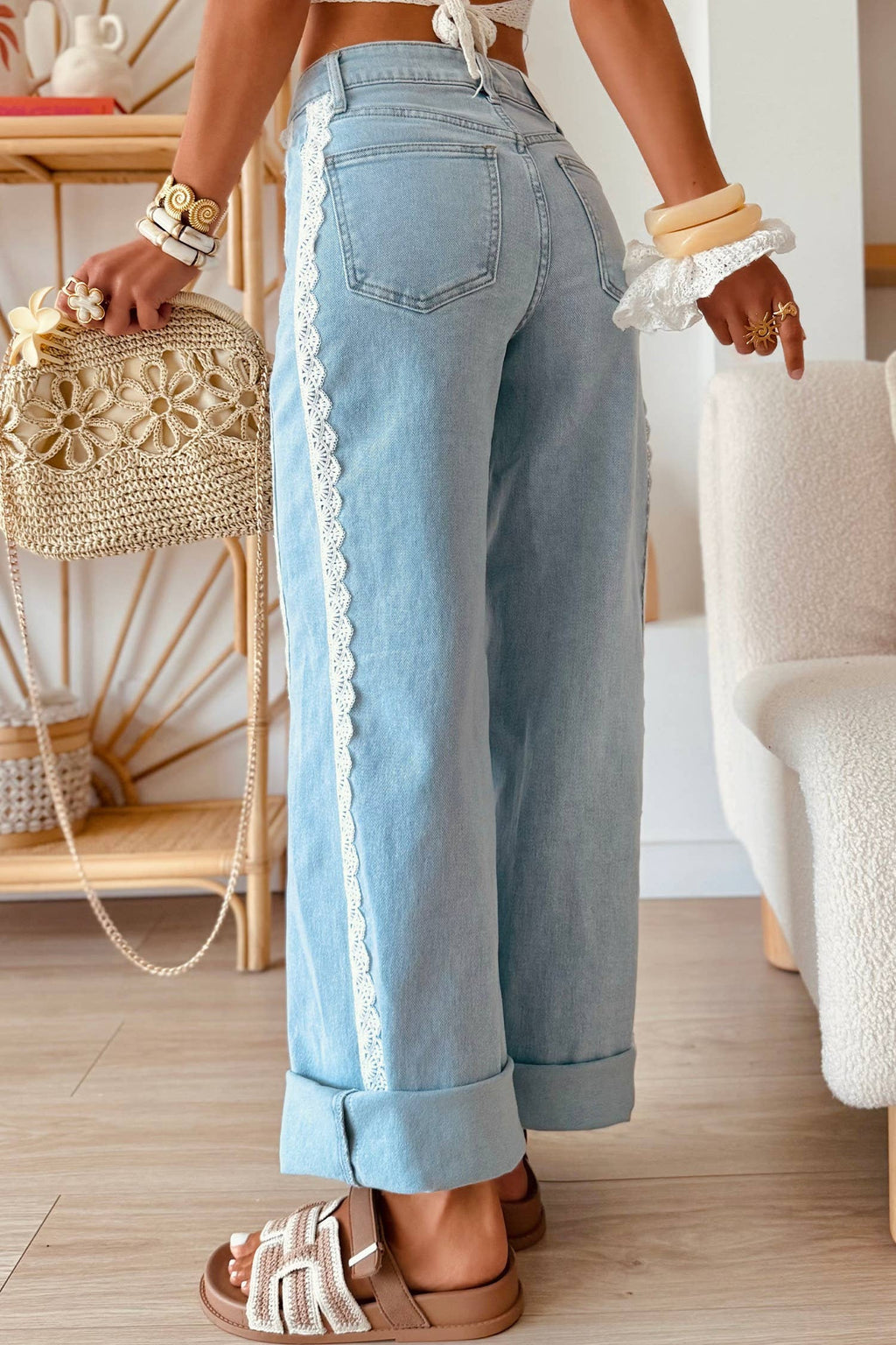 Lace Color Block Wide Leg Denim Pants - Beau Blue