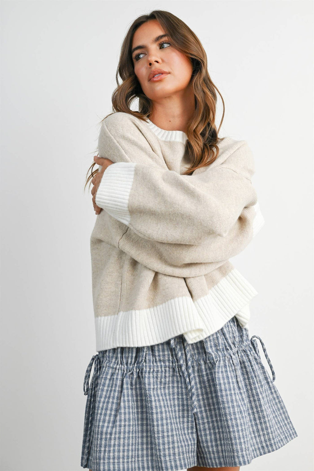Cozy Contrast Trim Sweater - TAUPE and IVORY