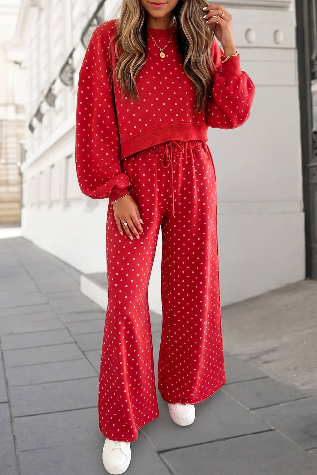 Polka Dot Print High Waist Pants Set