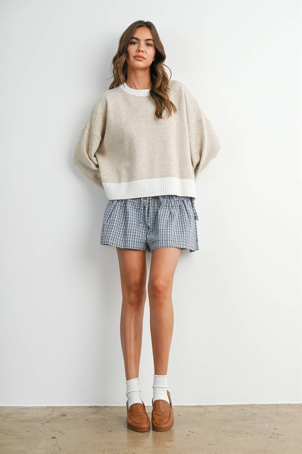 Cozy Contrast Trim Sweater - TAUPE and IVORY