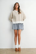 Cozy Contrast Trim Sweater - TAUPE and IVORY