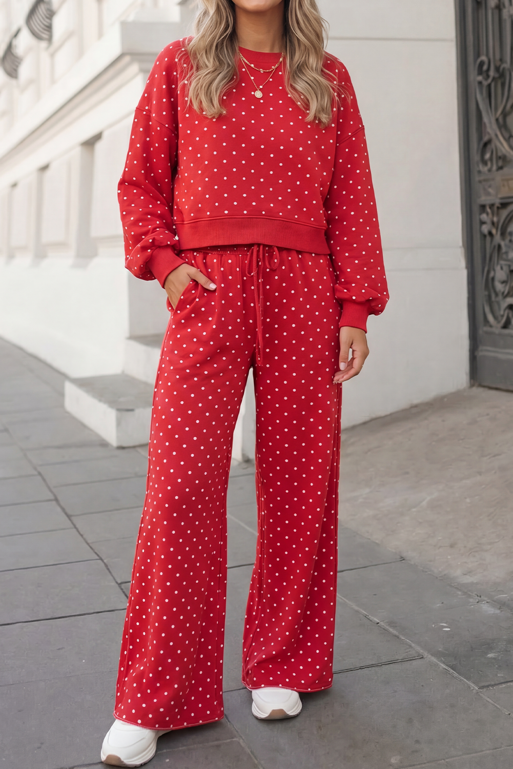 Polka Dot Print High Waist Pants Set