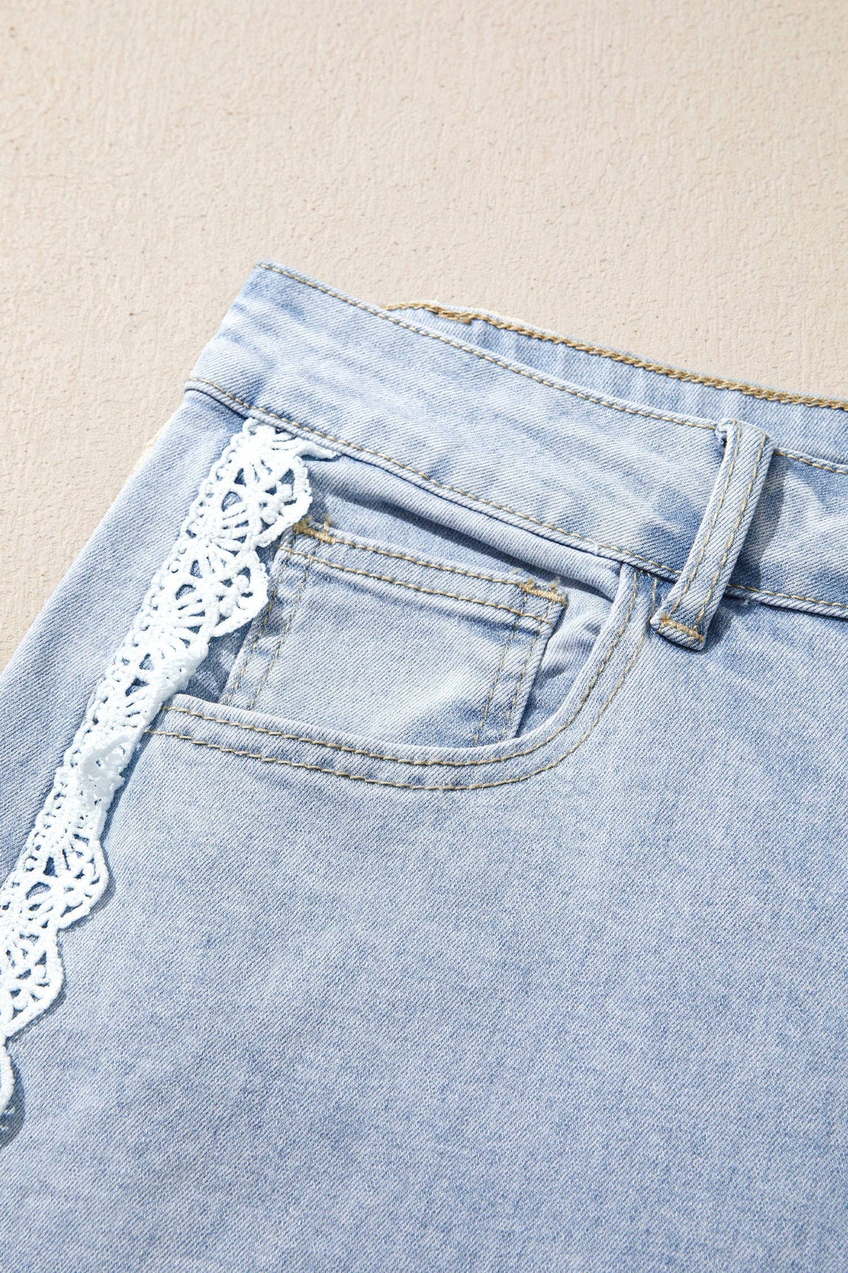 Lace Color Block Wide Leg Denim Pants - Beau Blue
