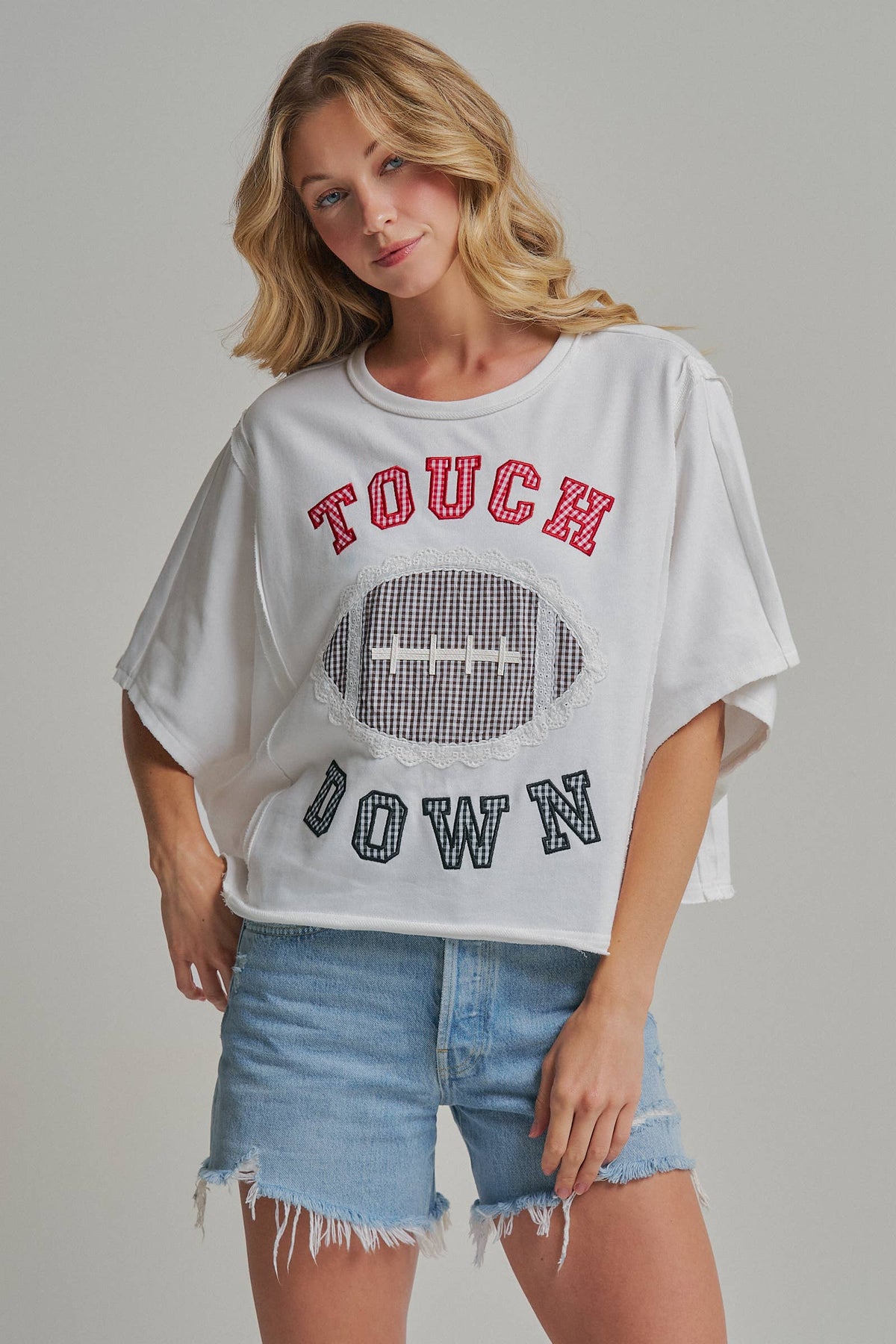 FOOTBALL TOUCHDOWN LETTER PATCH GAMEDAY KNIT TOP - OFF WHITE