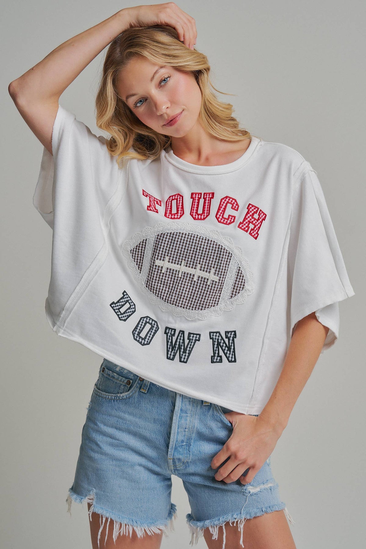 FOOTBALL TOUCHDOWN LETTER PATCH GAMEDAY KNIT TOP - OFF WHITE