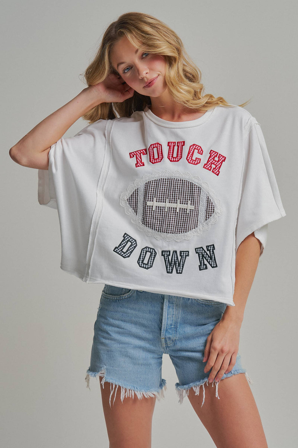 FOOTBALL TOUCHDOWN LETTER PATCH GAMEDAY KNIT TOP - OFF WHITE