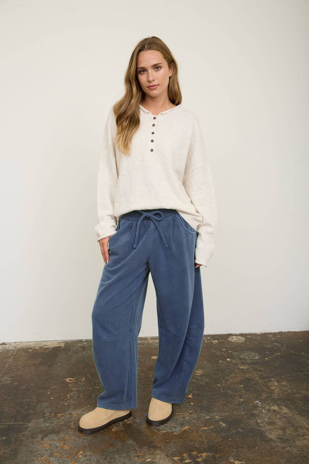 SMOCKED WAIST DRAWSTRING BARREL LEG SWEATPANTS