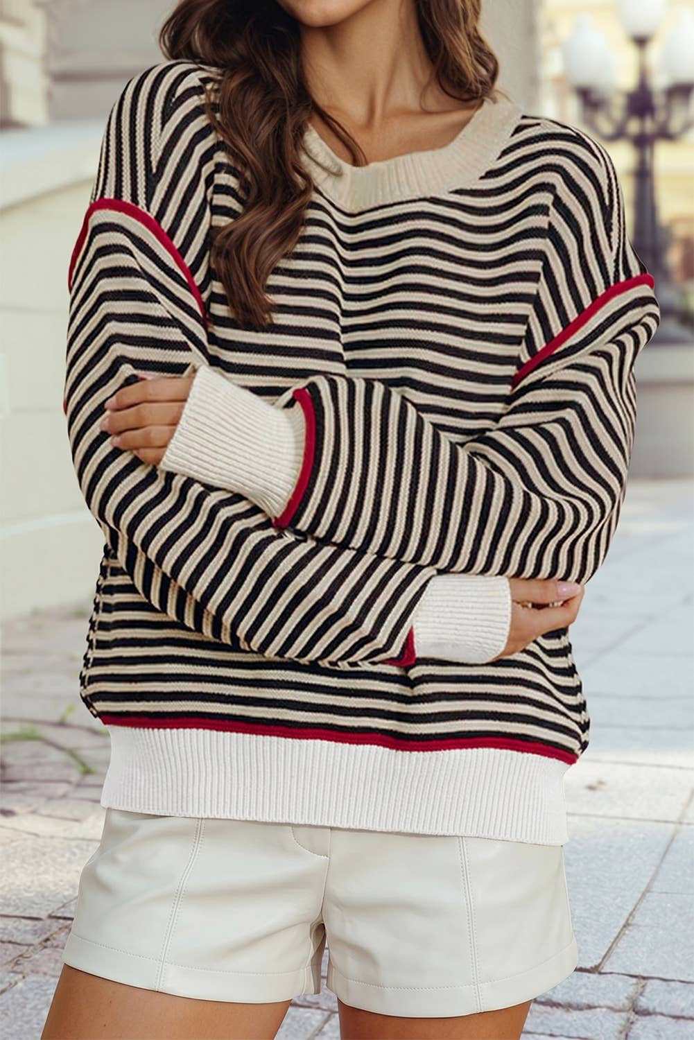 Ribbed Contrast Trim Drop Shoulder Loose Pullover Sweater