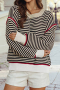 Ribbed Contrast Trim Drop Shoulder Loose Pullover Sweater