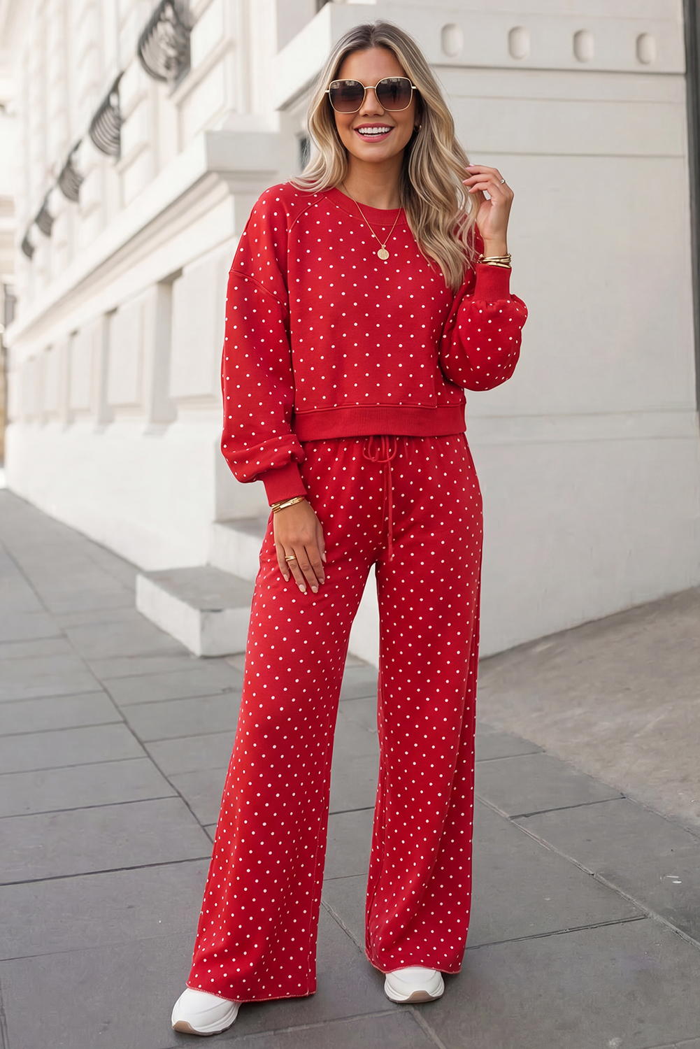 Polka Dot Print High Waist Pants Set