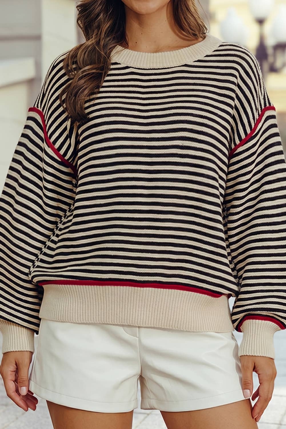 Ribbed Contrast Trim Drop Shoulder Loose Pullover Sweater