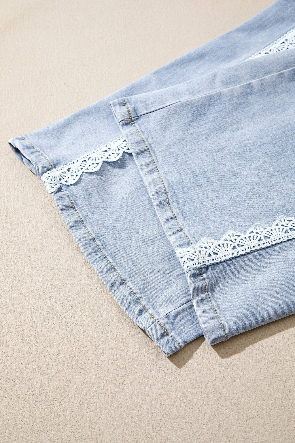 Lace Color Block Wide Leg Denim Pants - Beau Blue