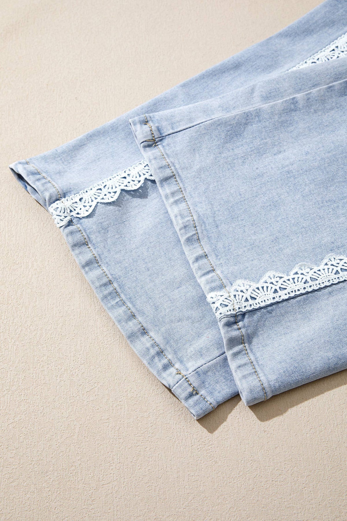 Lace Color Block Wide Leg Denim Pants - Beau Blue