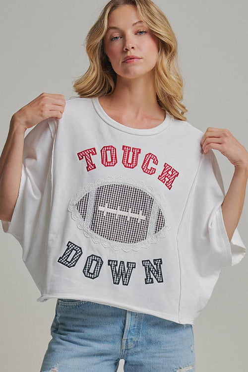 FOOTBALL TOUCHDOWN LETTER PATCH GAMEDAY KNIT TOP - OFF WHITE