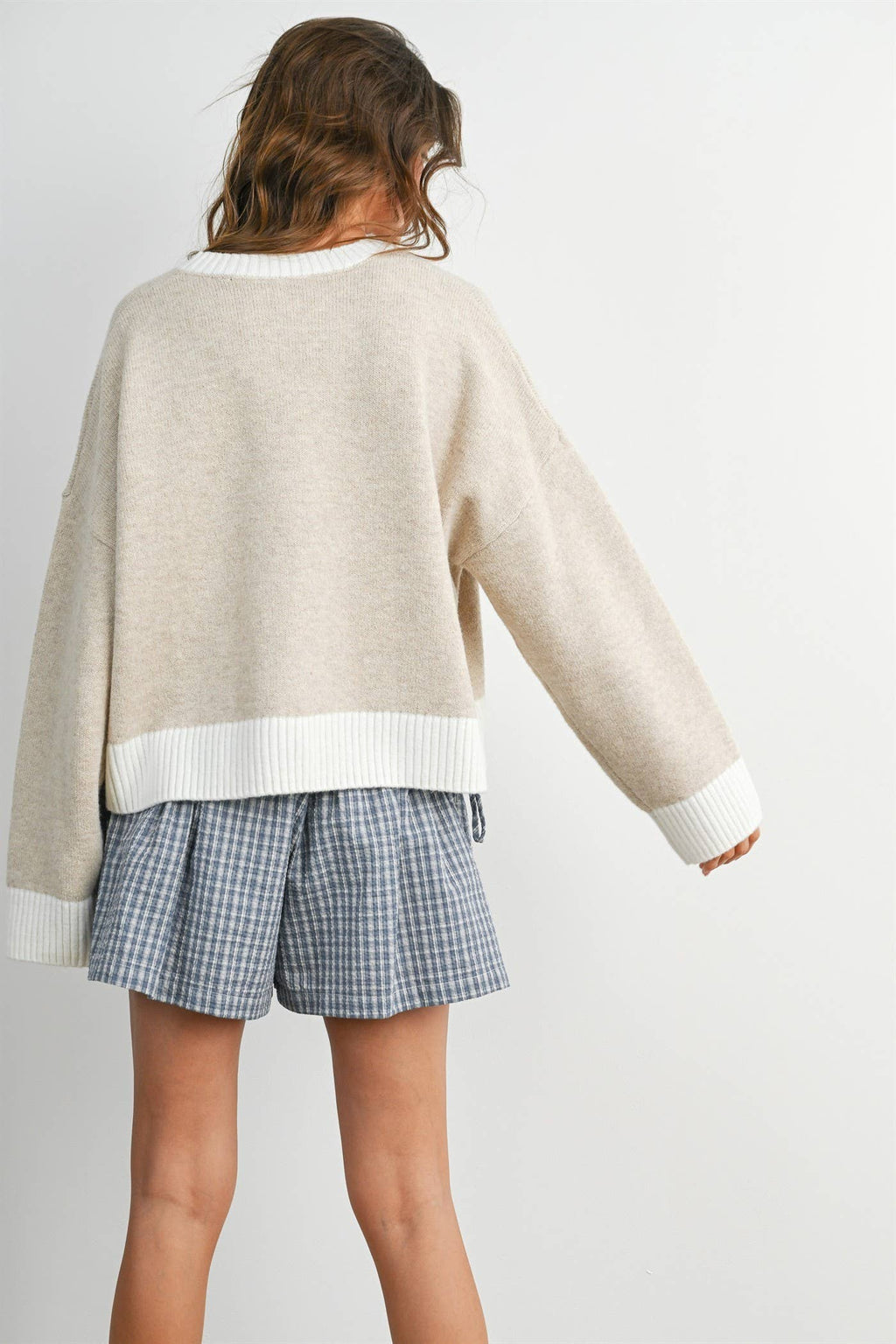 Cozy Contrast Trim Sweater - TAUPE and IVORY