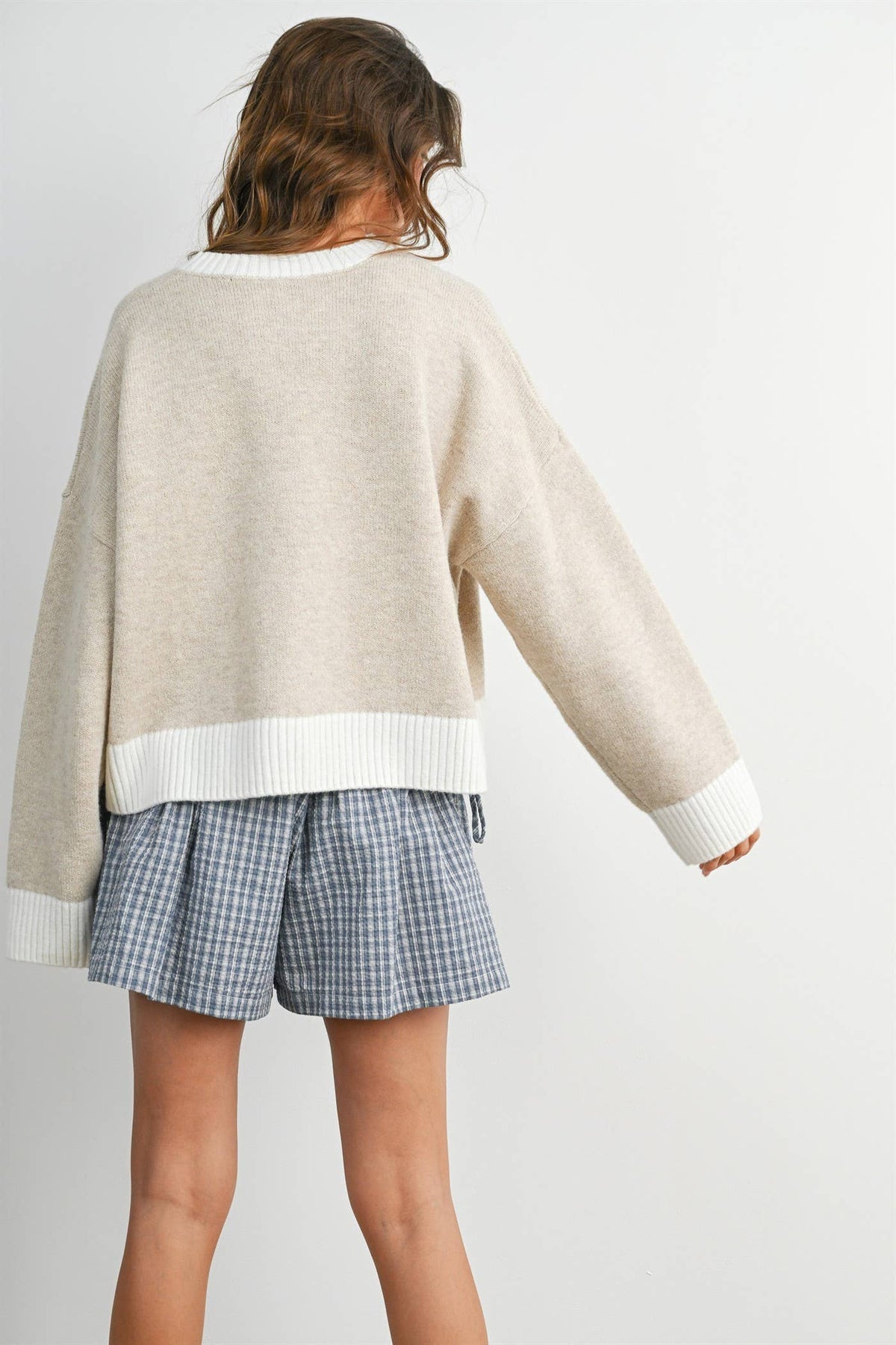 Cozy Contrast Trim Sweater - TAUPE and IVORY