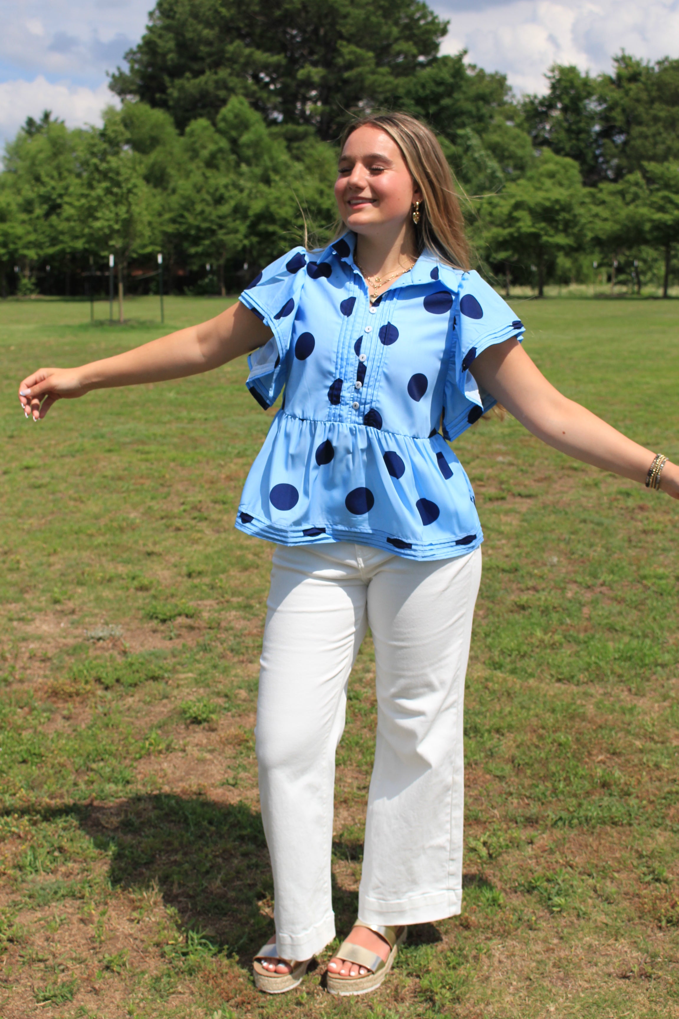 Seeing Dots - Light Blue and Dark Blue - Flutter Sleeve Blouse