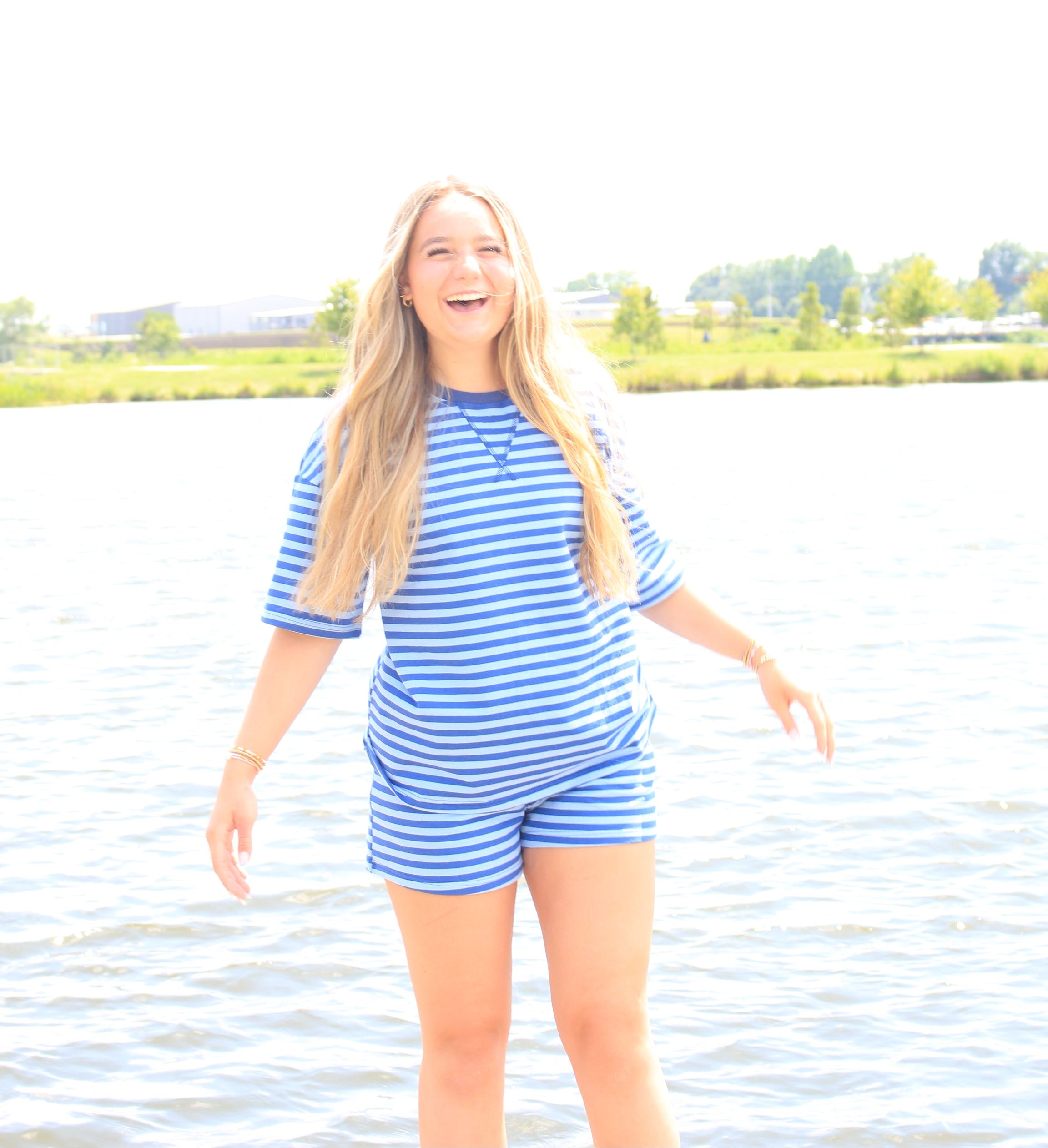 Stripes of Envy - Blue Stripe - Ribbed Cotton Two Piece Short Set