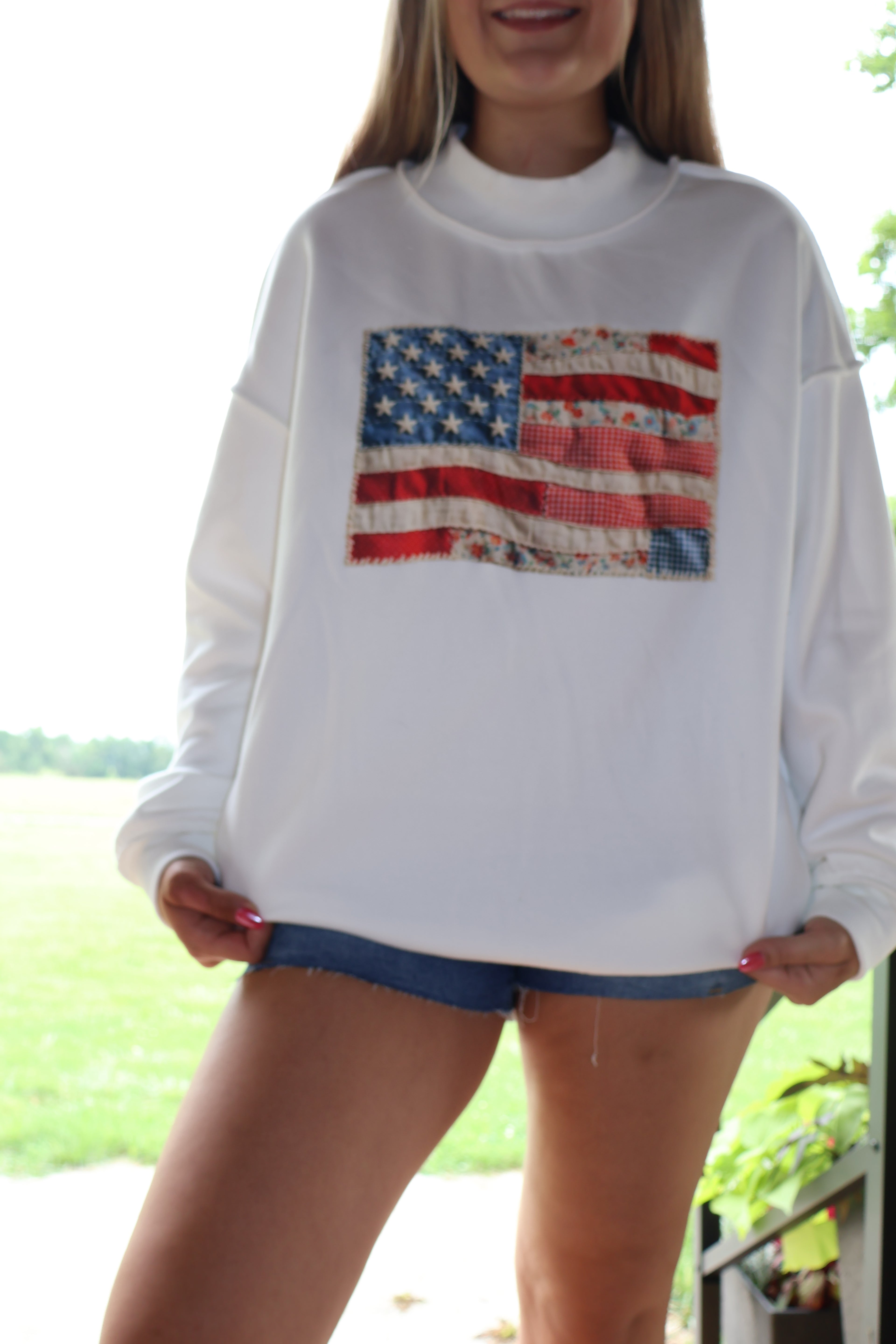 USA Love - White - Faux Patchwork Print Double Sided Mockneck Sweatshirt