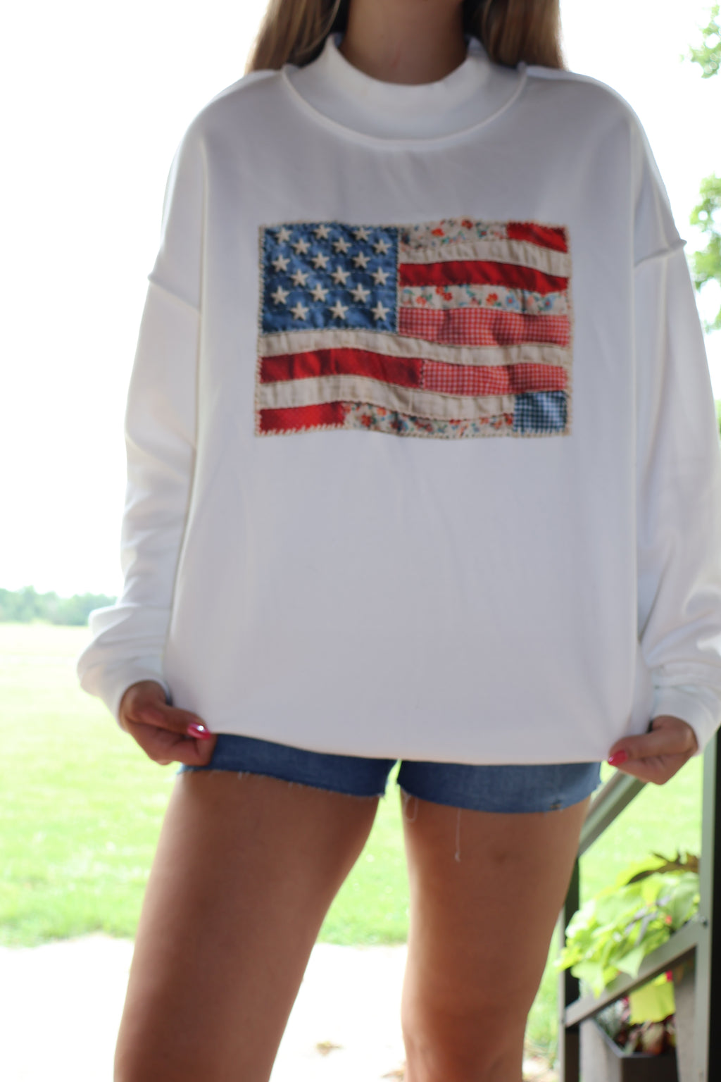 USA Love - White - Faux Patchwork Print Double Sided Mockneck Sweatshirt