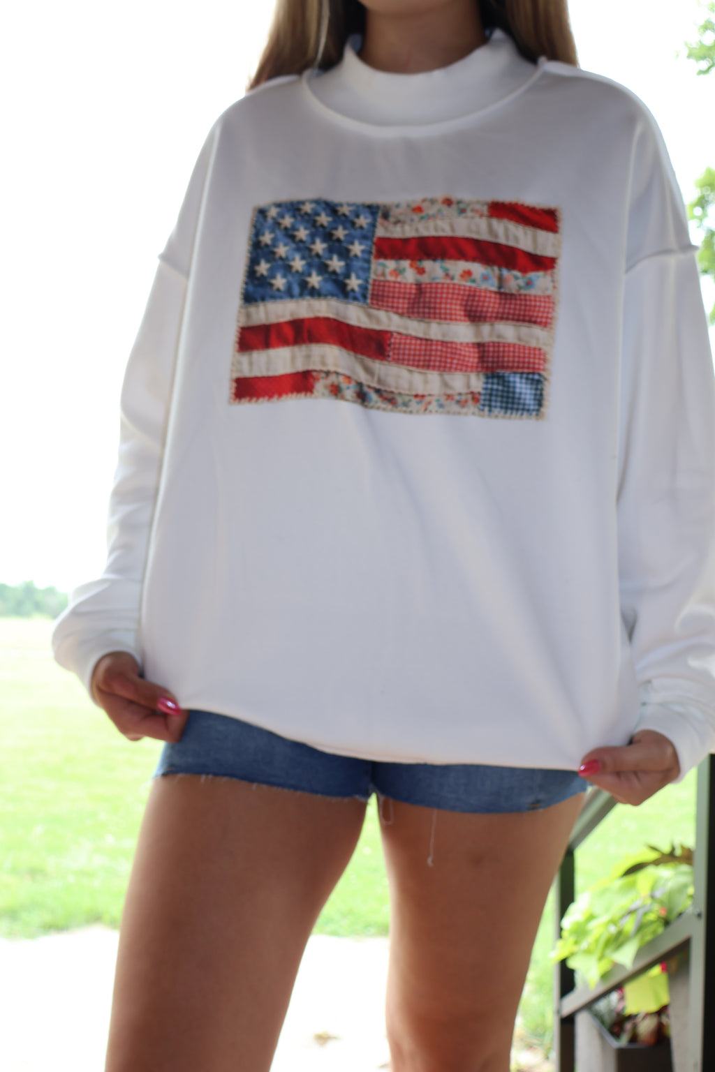 USA Love - White - Faux Patchwork Print Double Sided Mockneck Sweatshirt