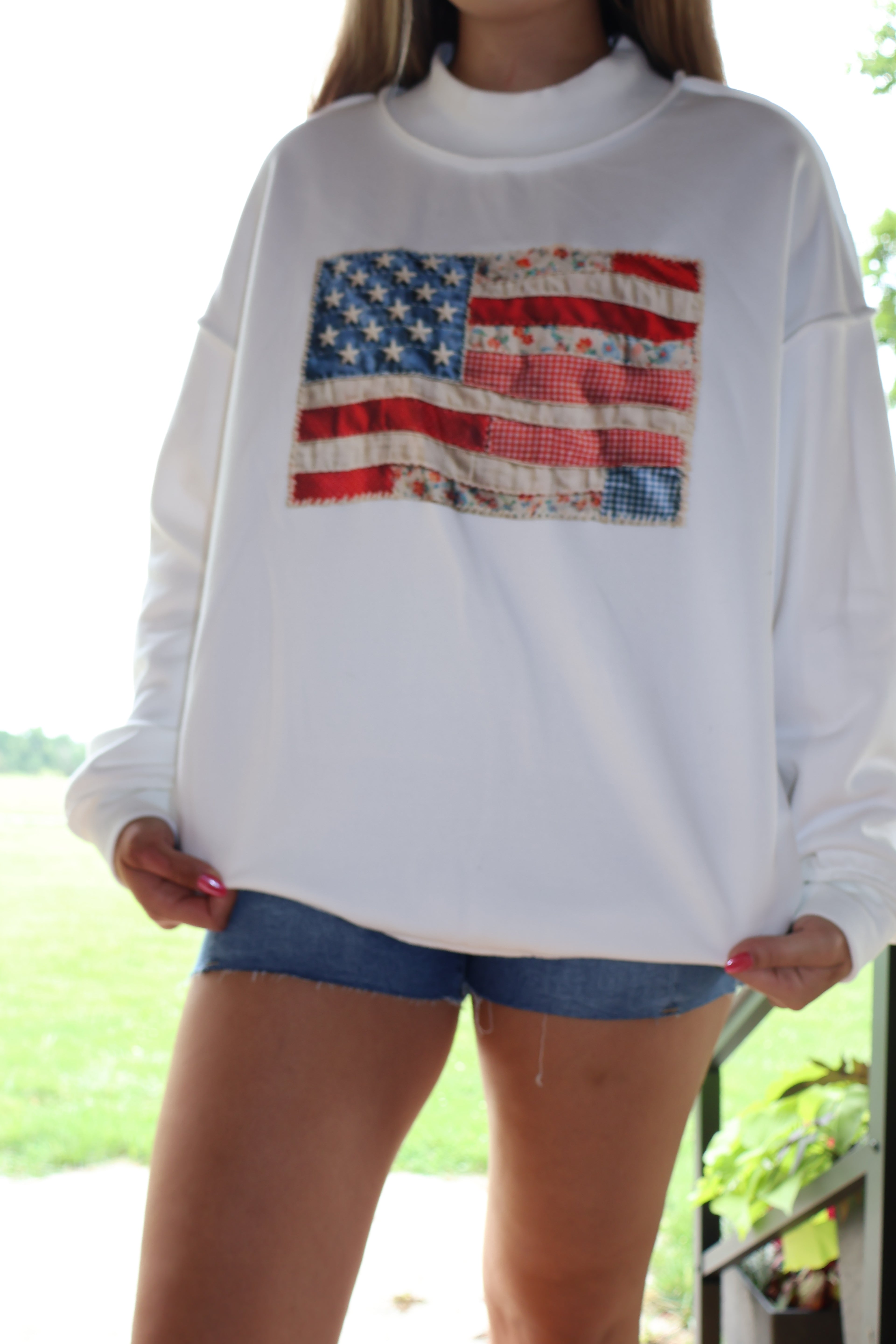 USA Love - White - Faux Patchwork Print Double Sided Mockneck Sweatshirt