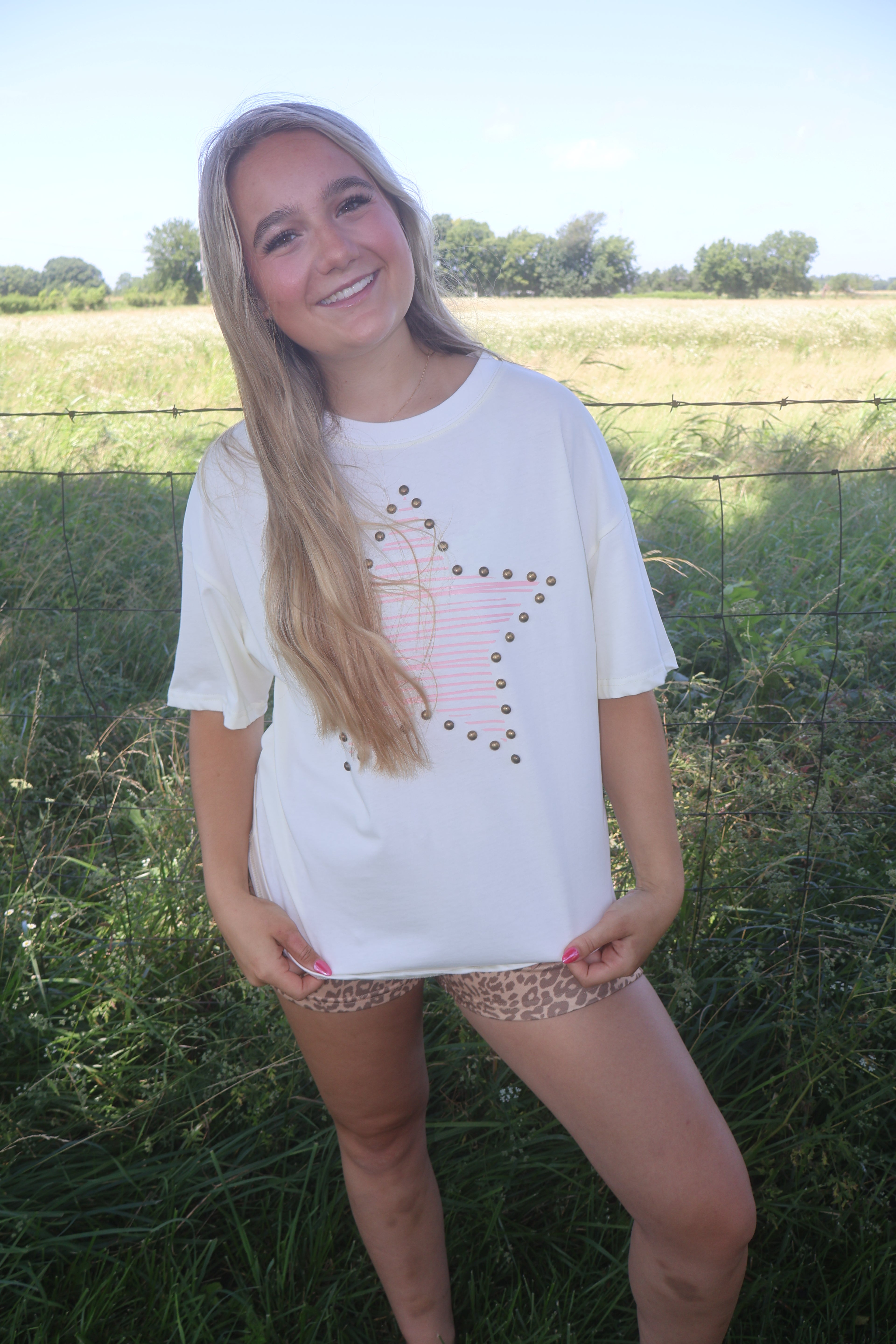 Star Print Stud - Beige - Cotton Jersey Top