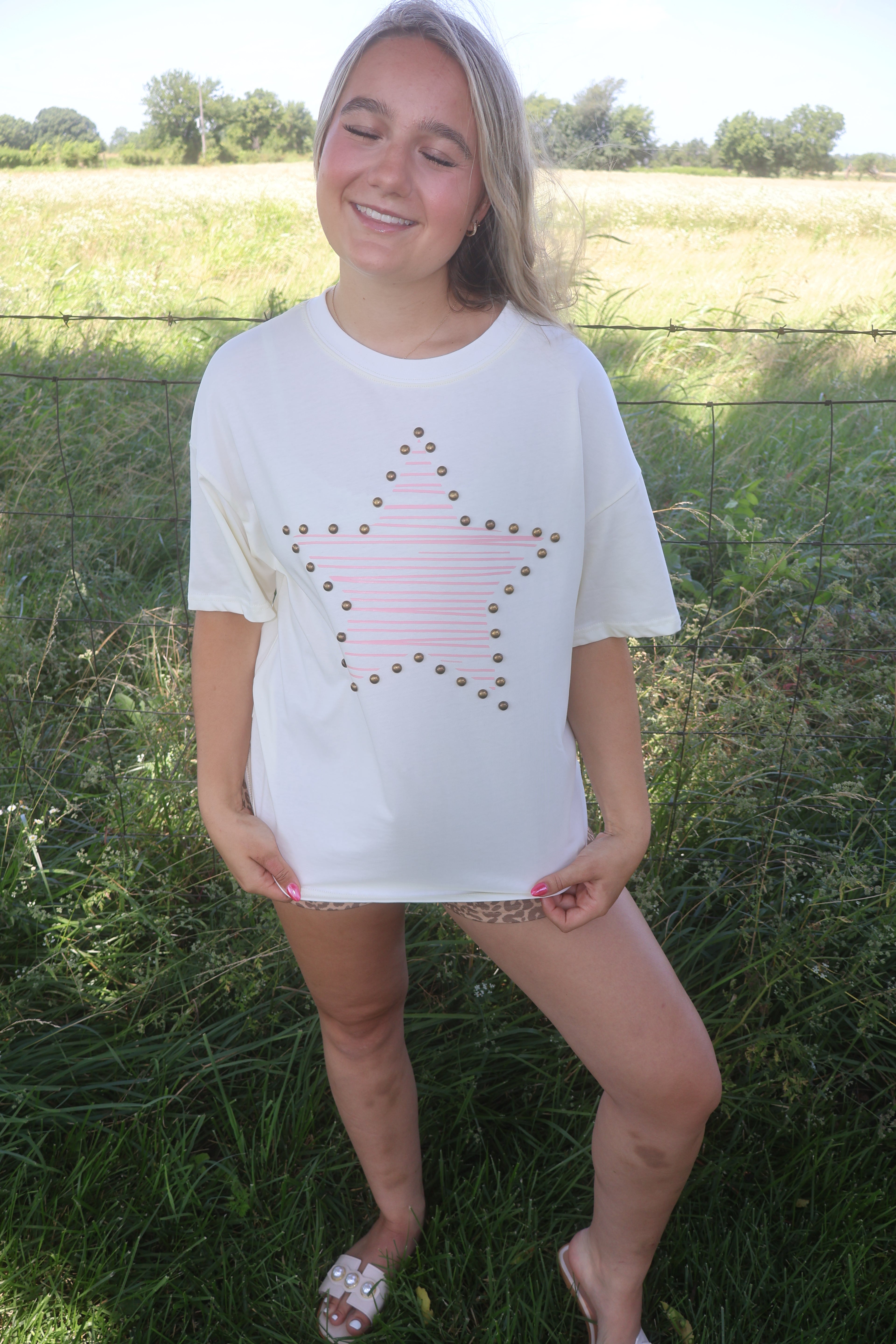 Star Print Stud - Beige - Cotton Jersey Top