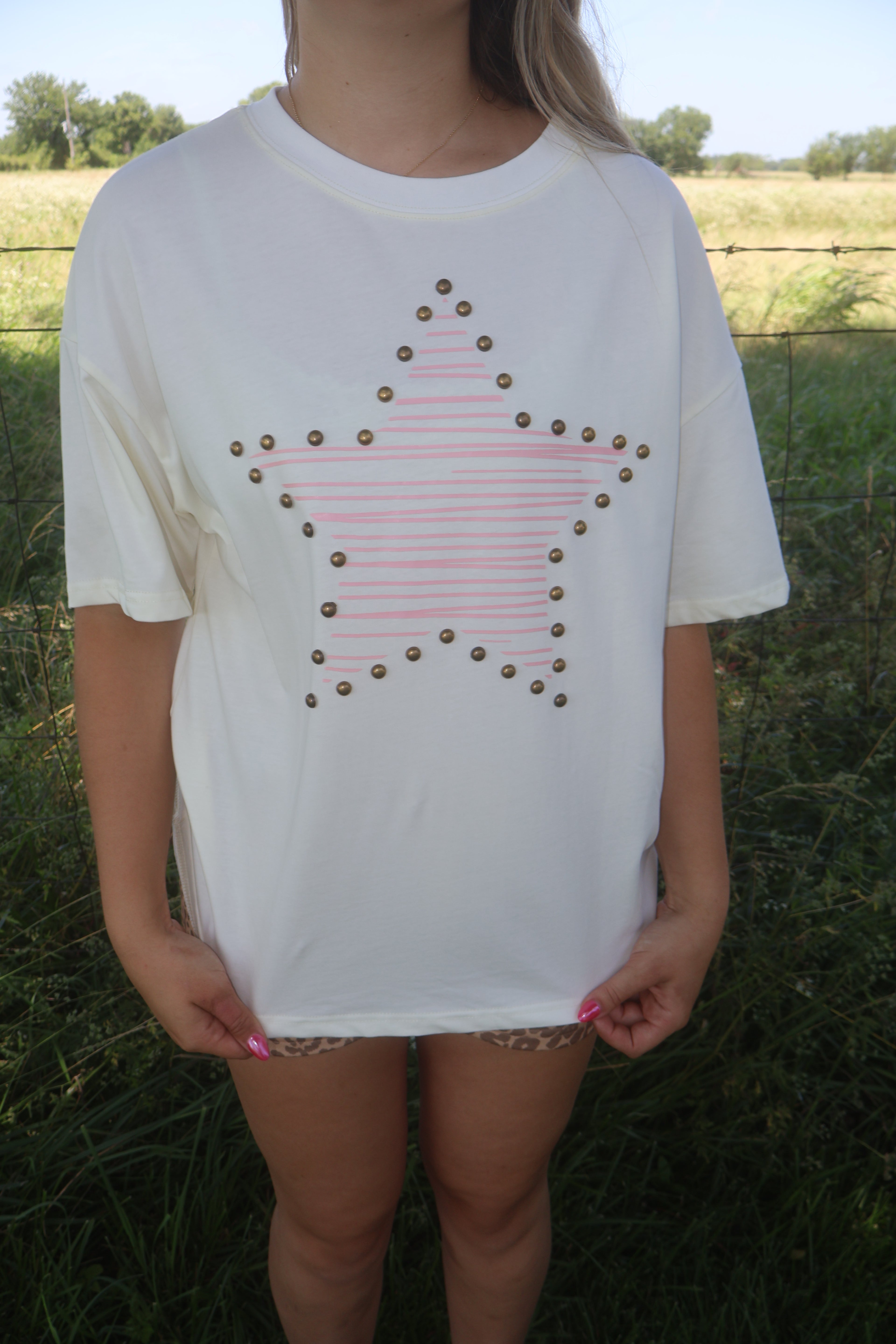 Star Print Stud - Beige - Cotton Jersey Top