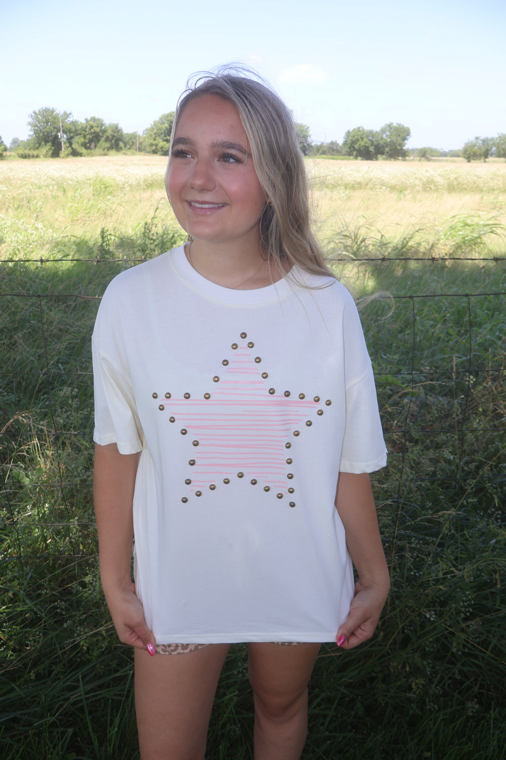 Star Print Stud - Beige - Cotton Jersey Top