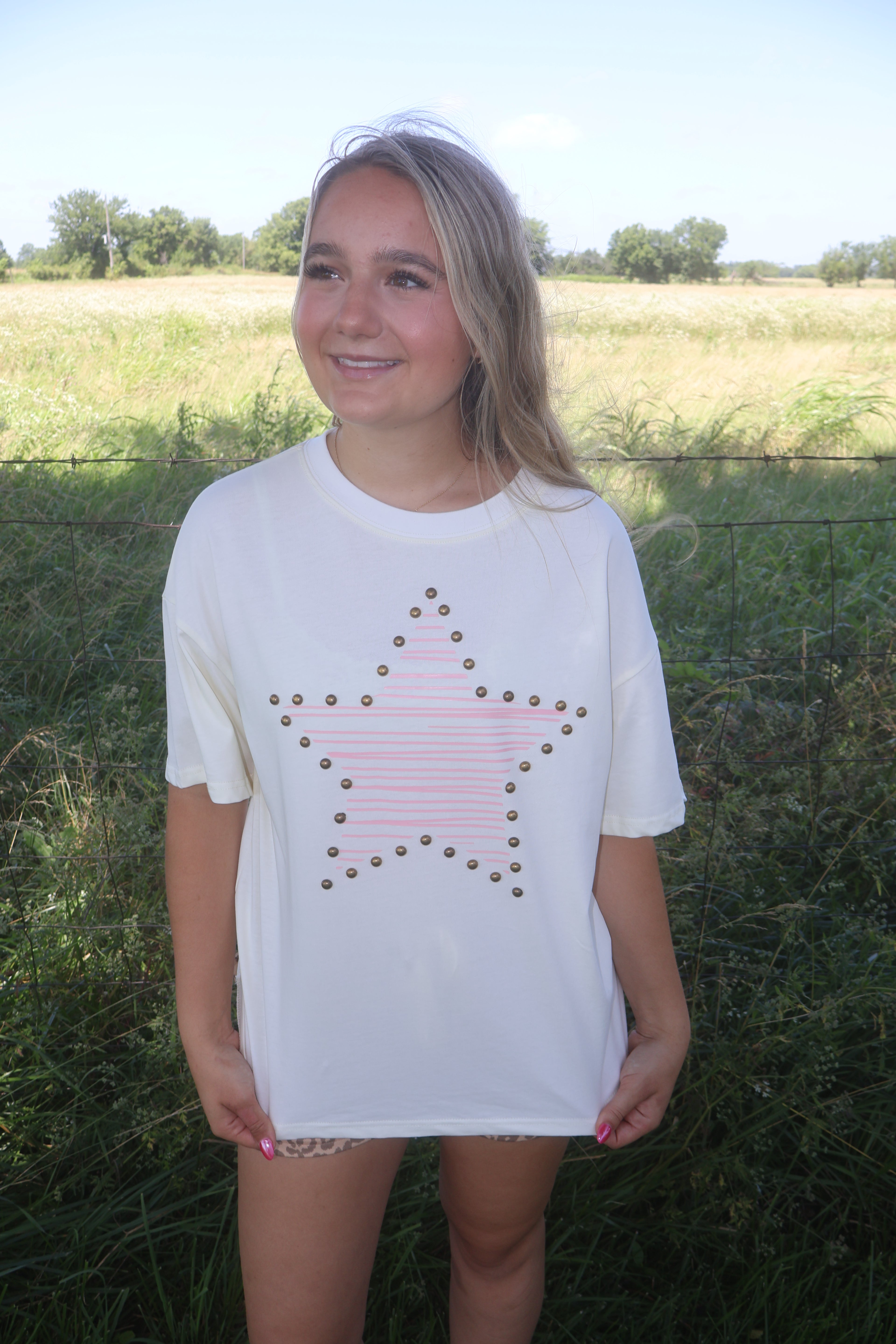 Star Print Stud - Beige - Cotton Jersey Top