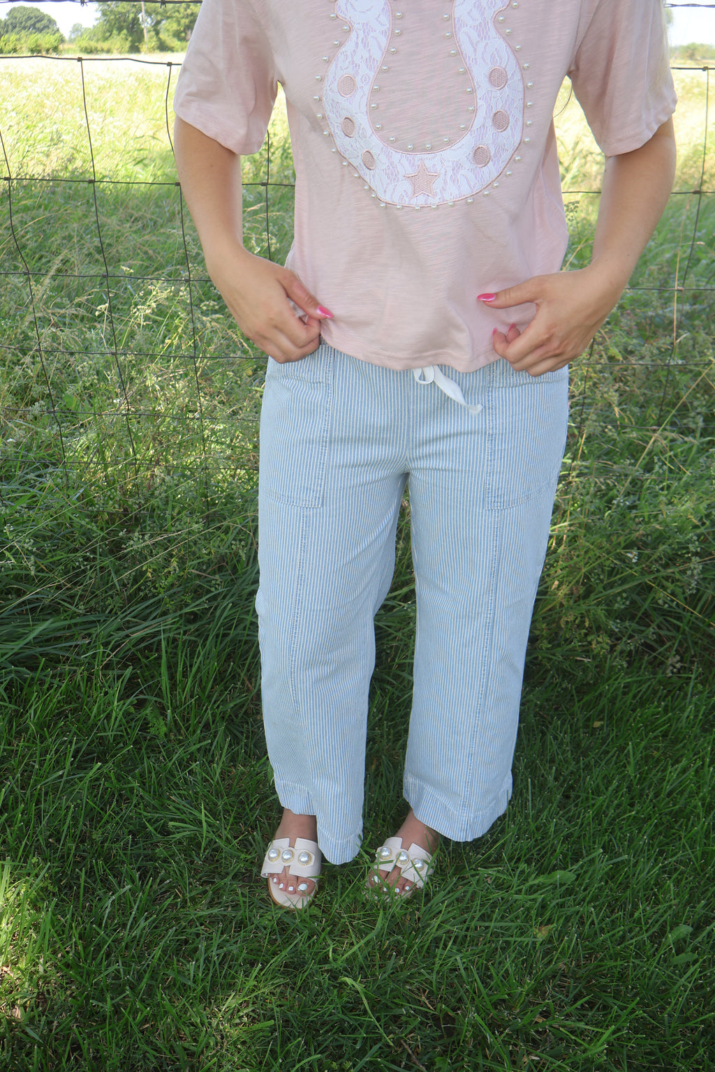 Harbor Breeze - Dusty Blue and White - Ankle Length Jeans