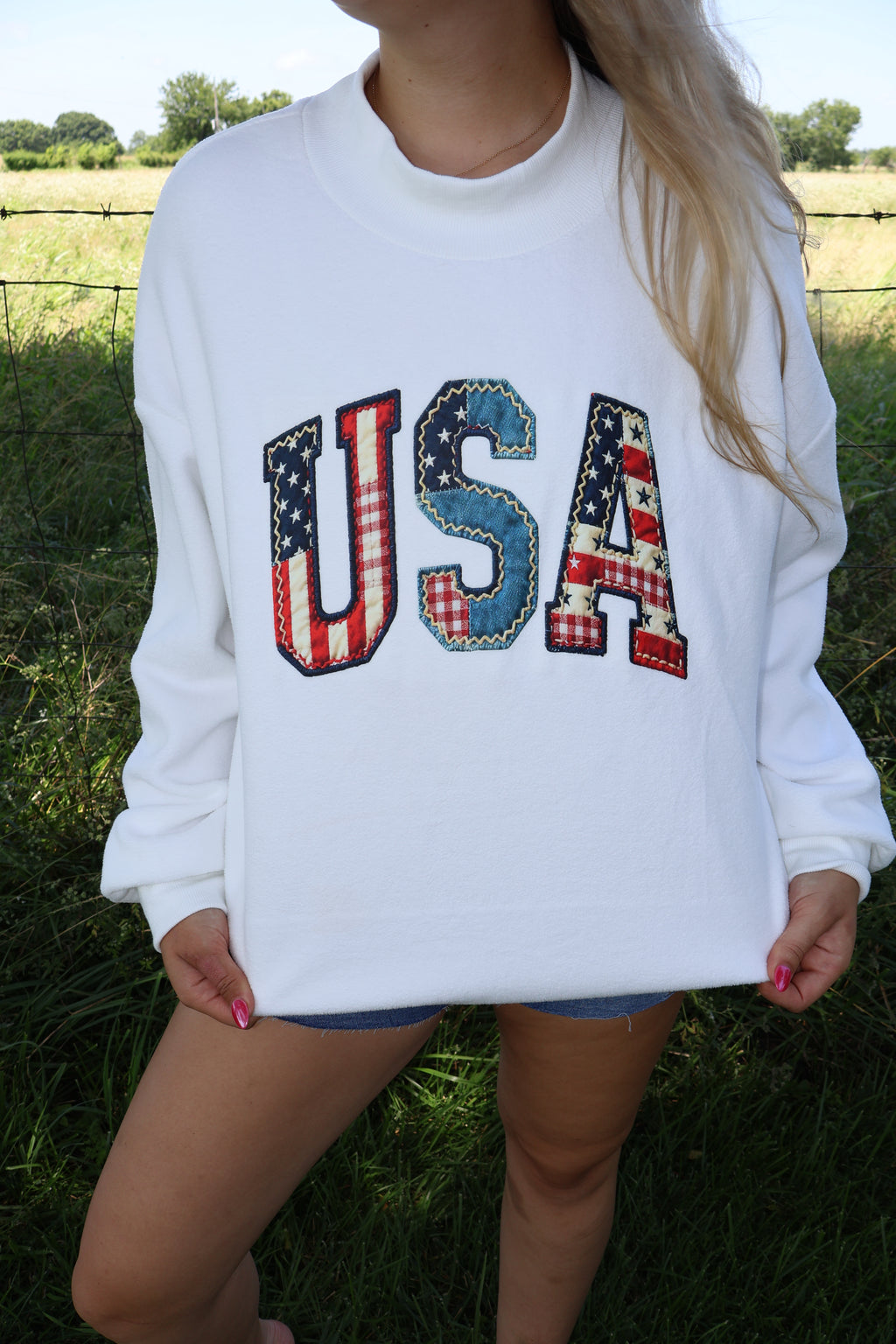 USA Love - White - Faux Patchwork Print Double Sided Mockneck Sweatshirt