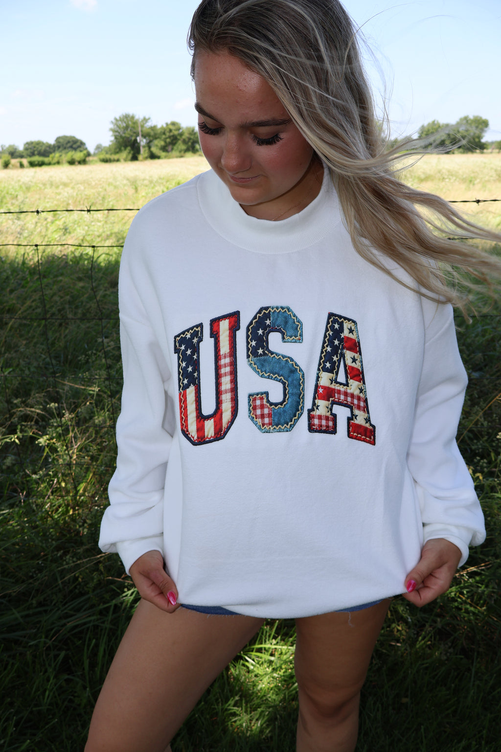 USA Love - White - Faux Patchwork Print Double Sided Mockneck Sweatshirt