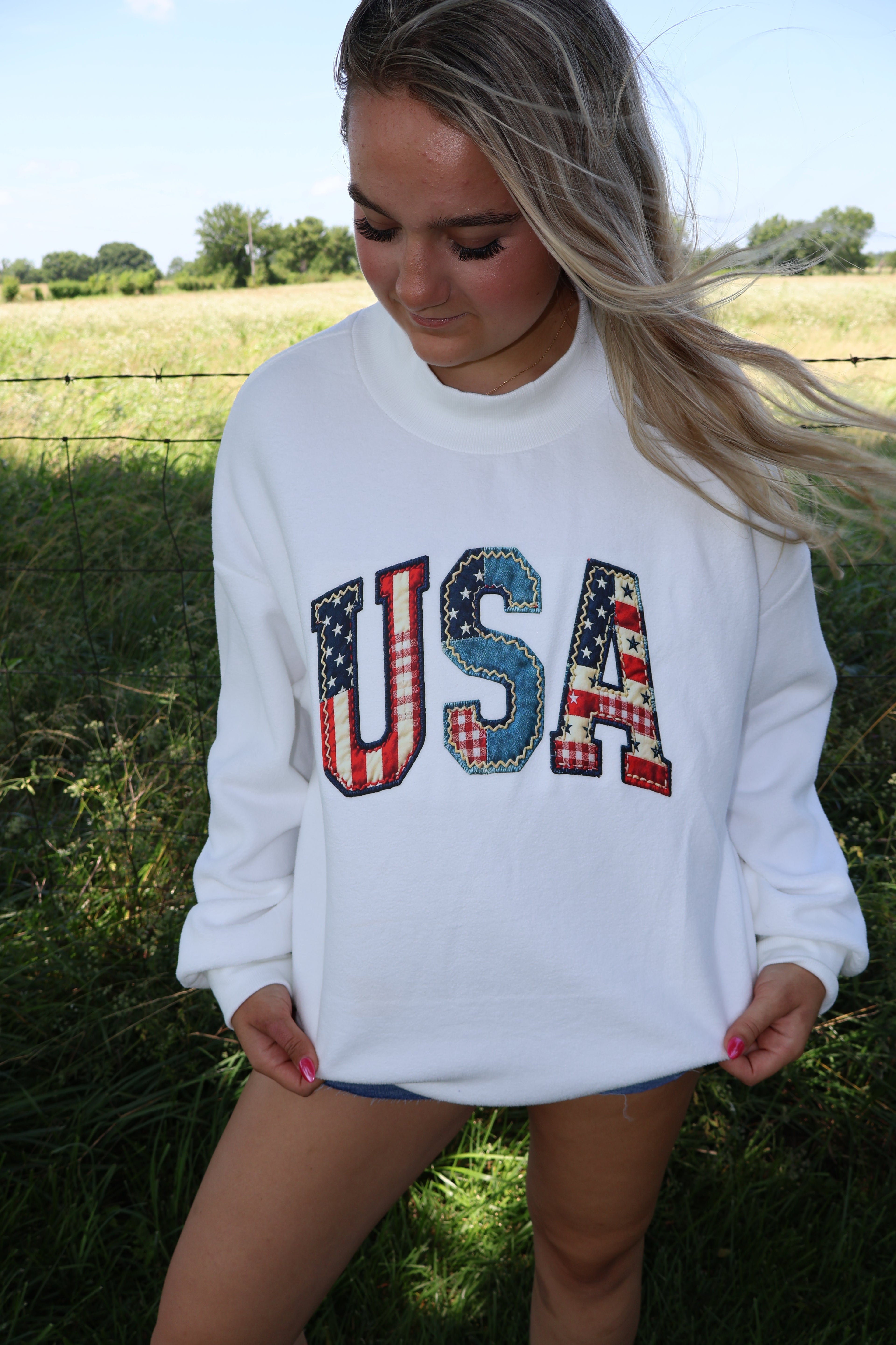 USA Love - White - Faux Patchwork Print Double Sided Mockneck Sweatshirt