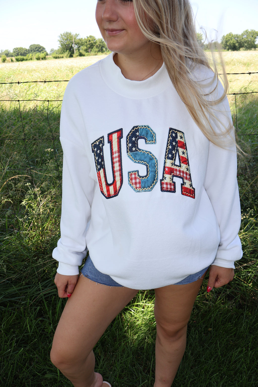 USA Love - White - Faux Patchwork Print Double Sided Mockneck Sweatshirt