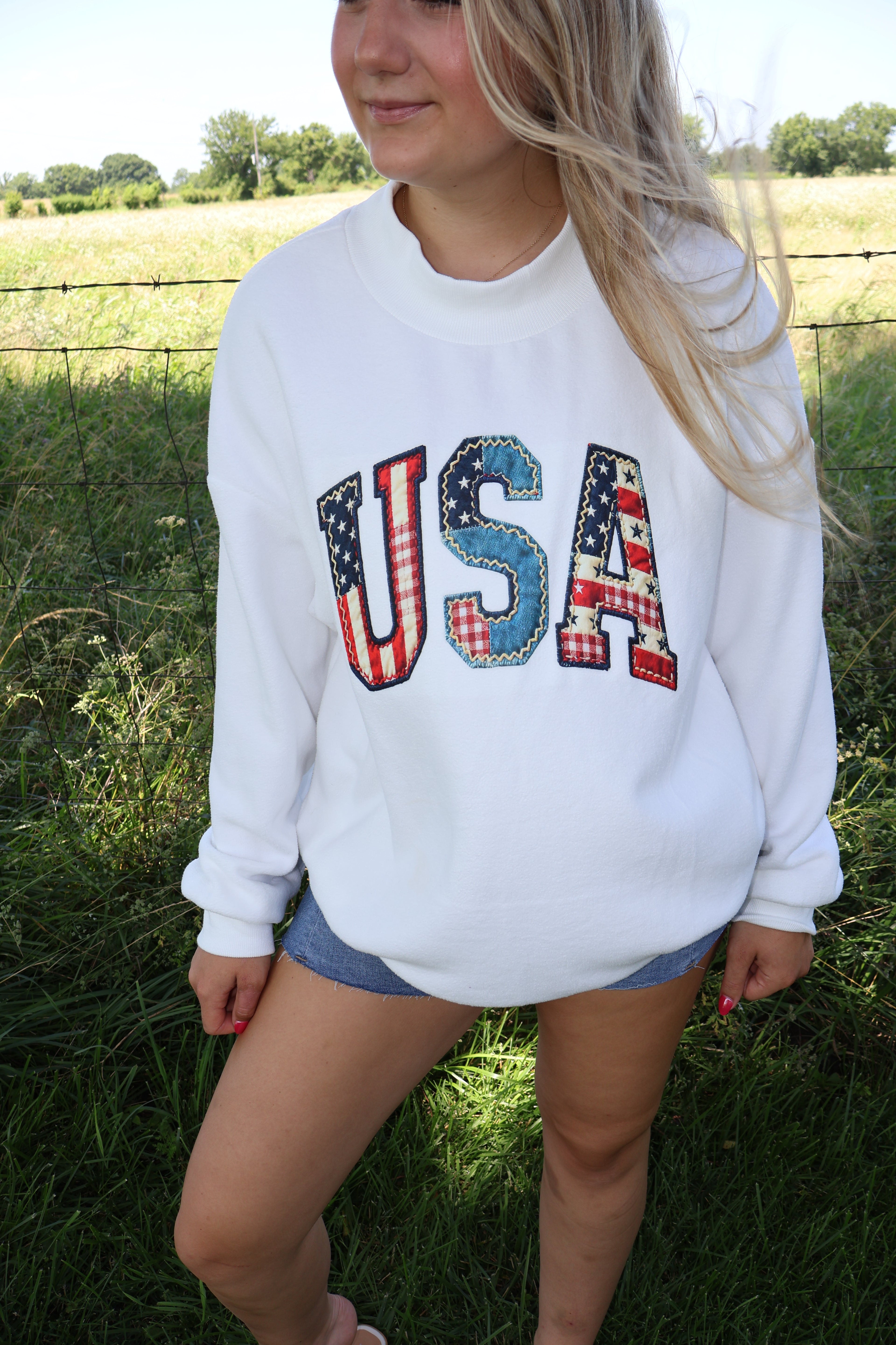 USA Love - White - Faux Patchwork Print Double Sided Mockneck Sweatshirt