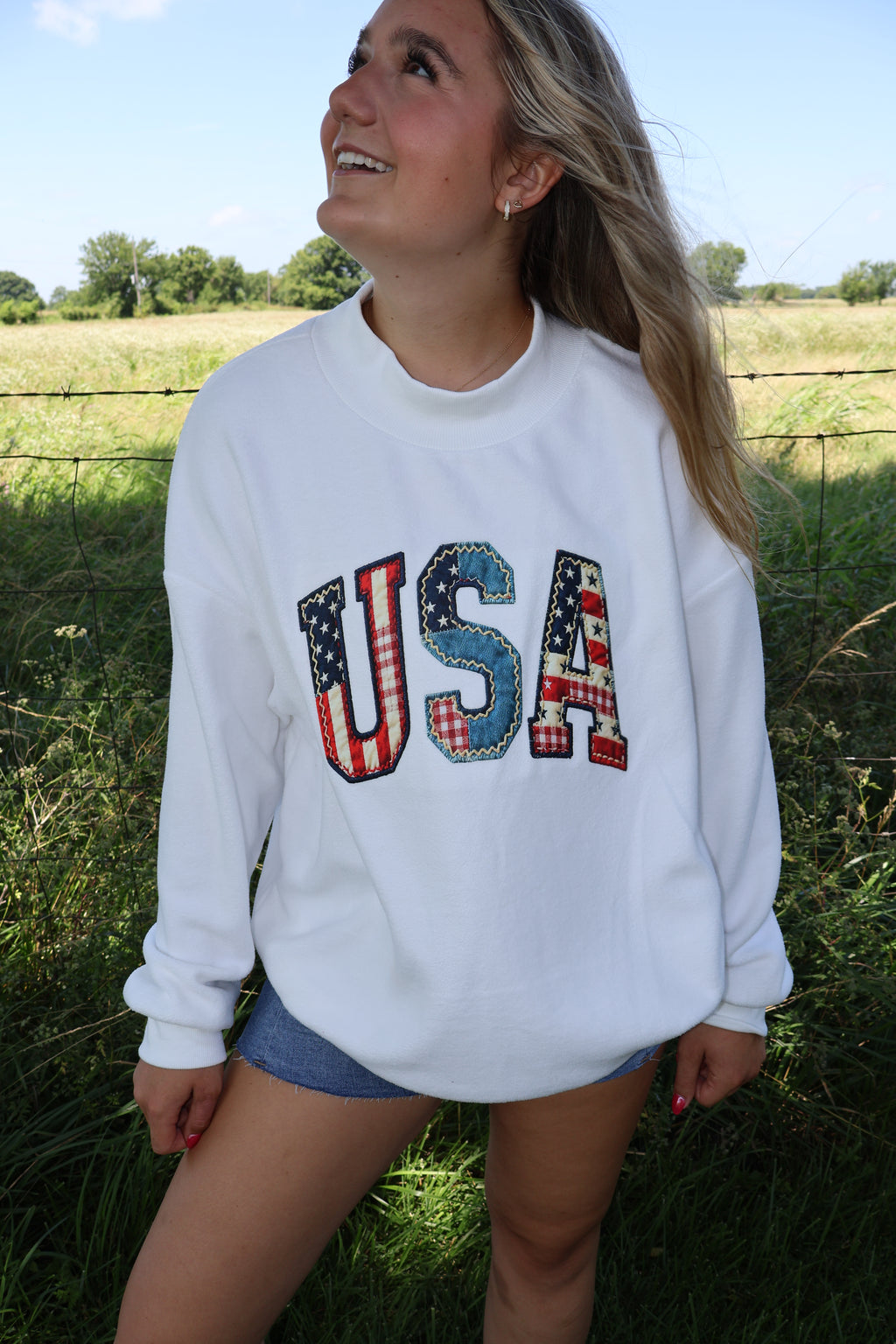 USA Love - White - Faux Patchwork Print Double Sided Mockneck Sweatshirt