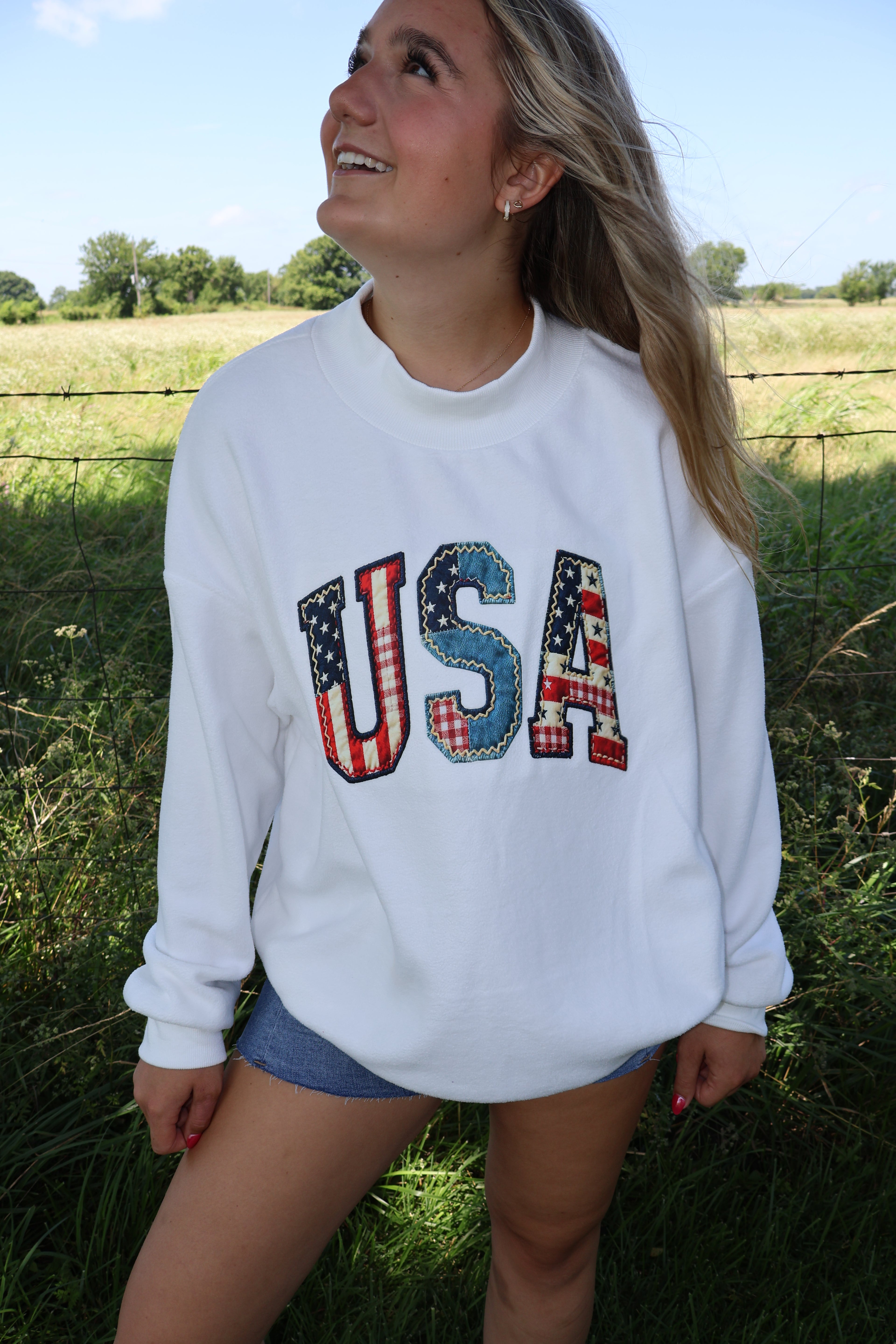 USA Love - White - Faux Patchwork Print Double Sided Mockneck Sweatshirt