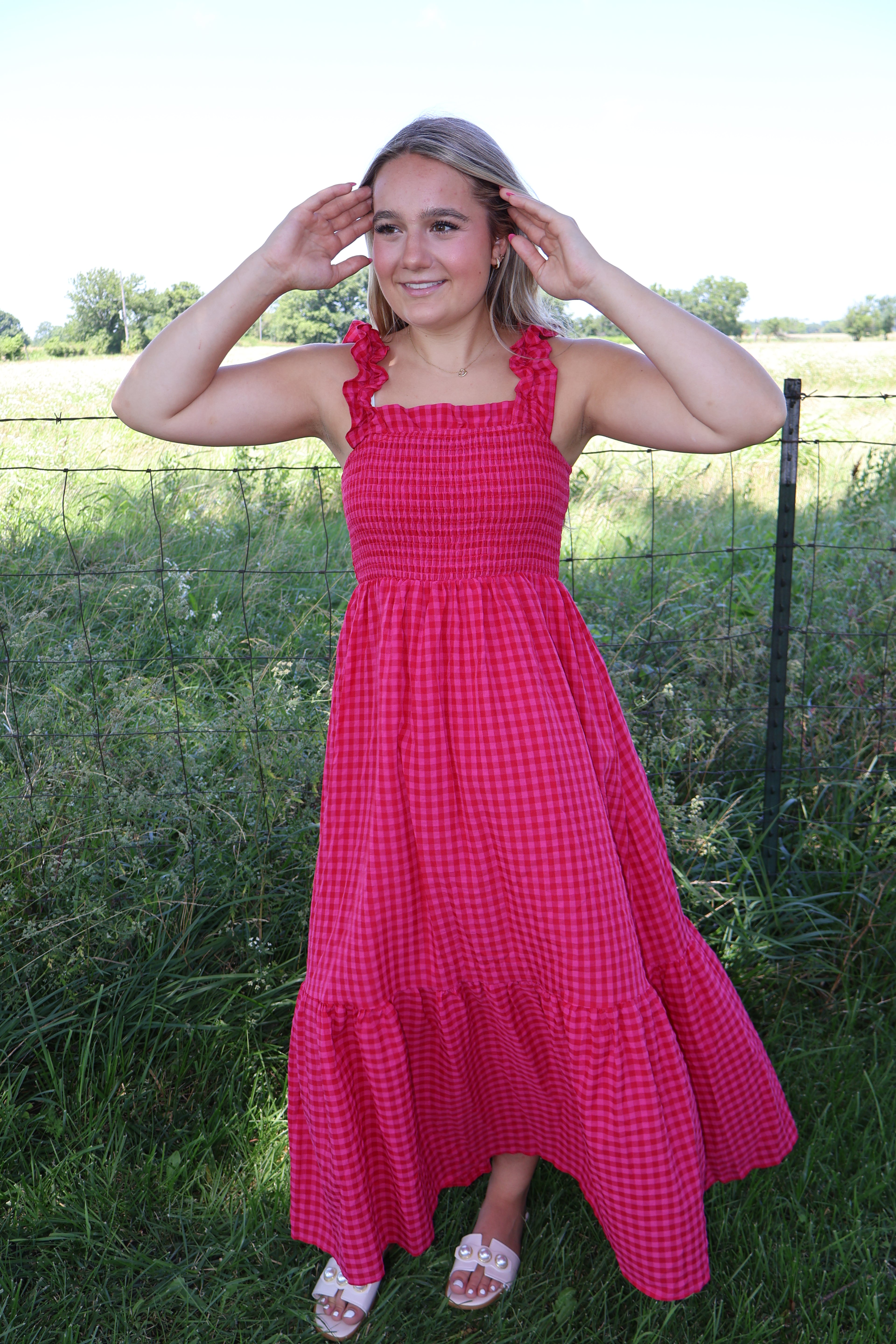 Fit-and-Flared - Red and Bright Pink Plaid - Ankle Length Sundress