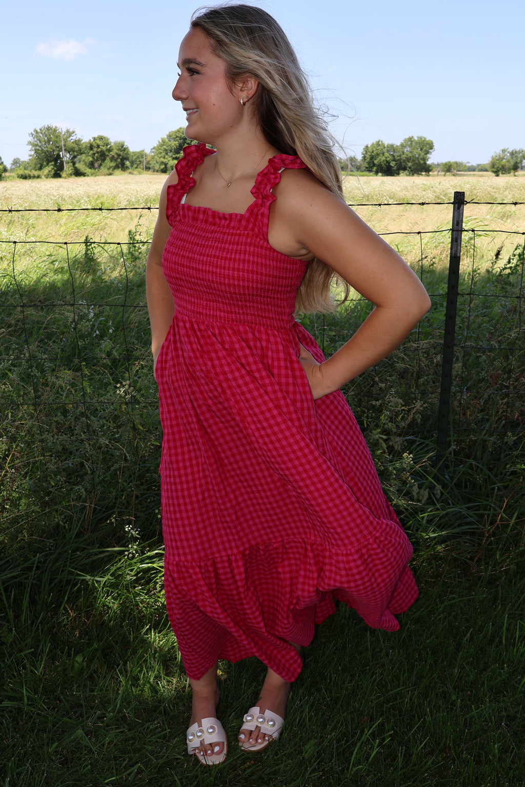 Fit-and-Flared - Red and Bright Pink Plaid - Ankle Length Sundress