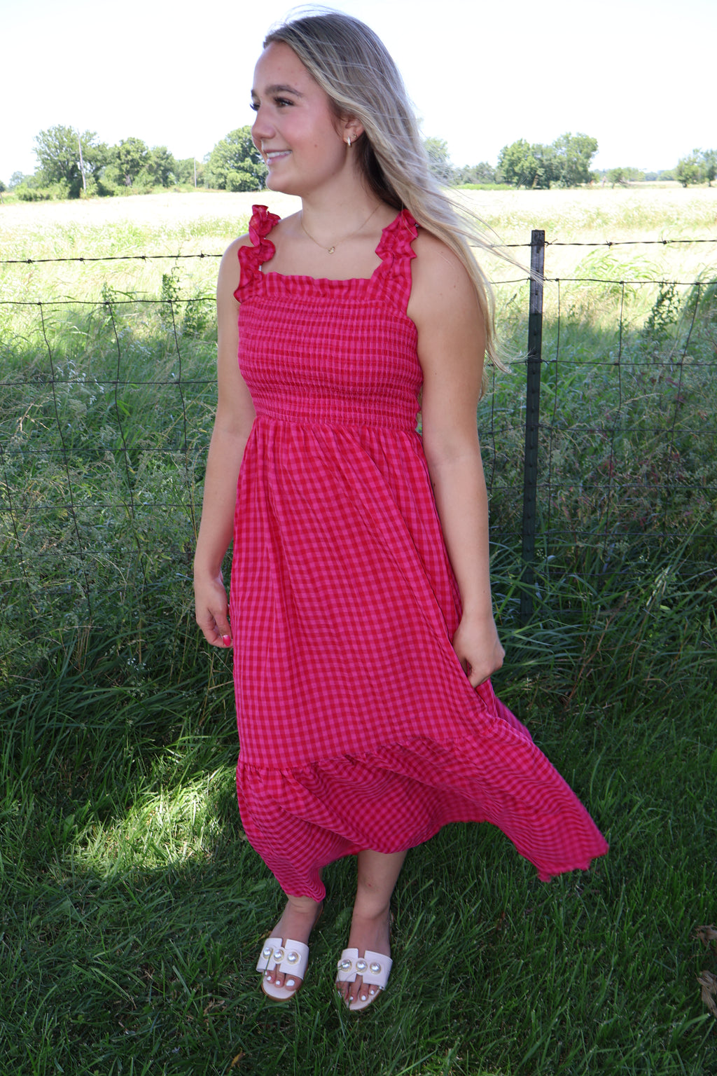 Fit-and-Flared - Red and Bright Pink Plaid - Ankle Length Sundress
