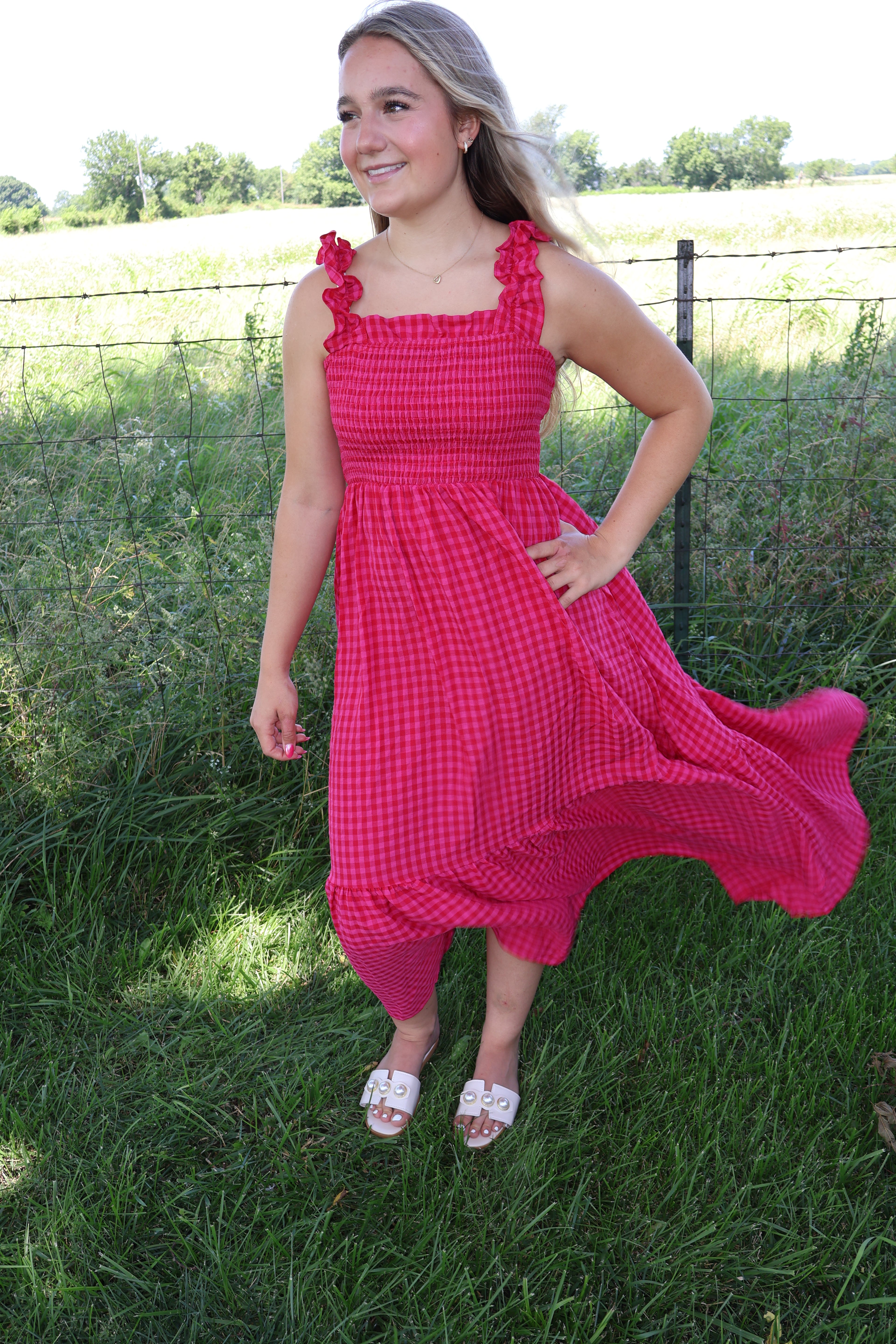 Fit-and-Flared - Red and Bright Pink Plaid - Ankle Length Sundress