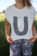 Wild West - Crochet Horseshoe - White and Gray - Knit short sleeved sweater