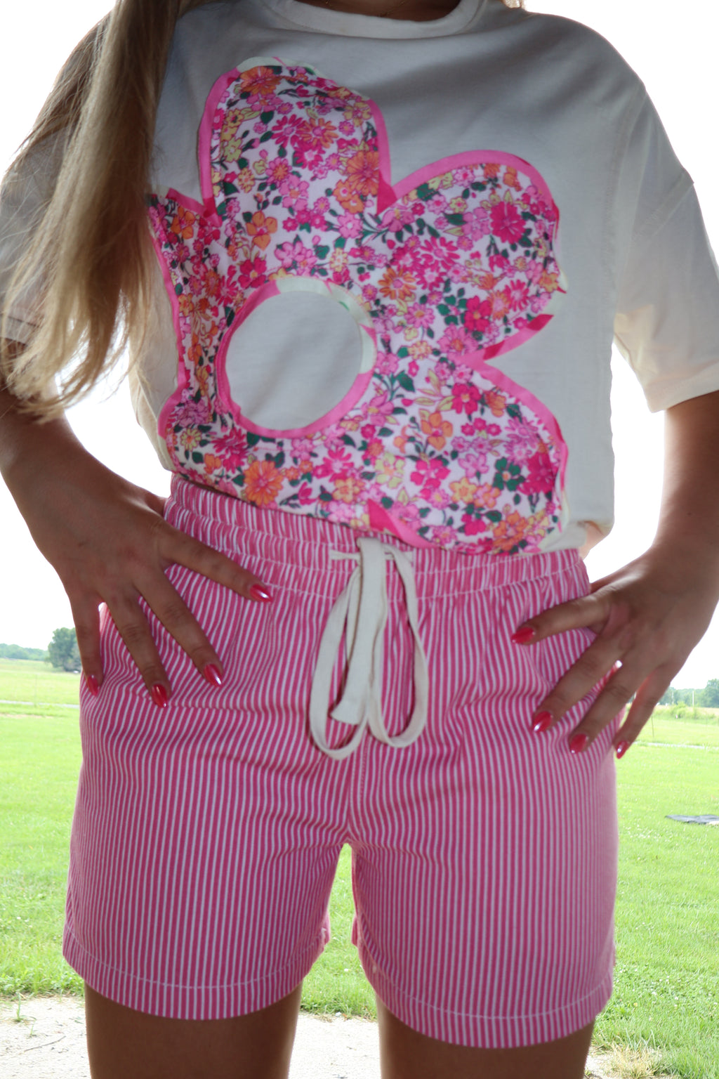 Pinky Swear - Pink and White Striped - Denim Shorts