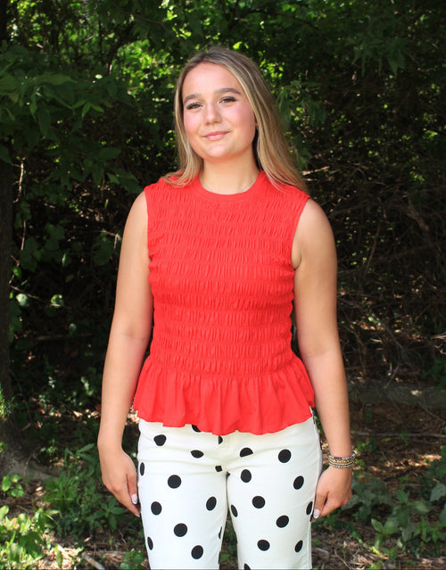 Back in Black - Paint the Town - Red - Slim Fit Smocked Ruffle Hem Sleeveless Shirt