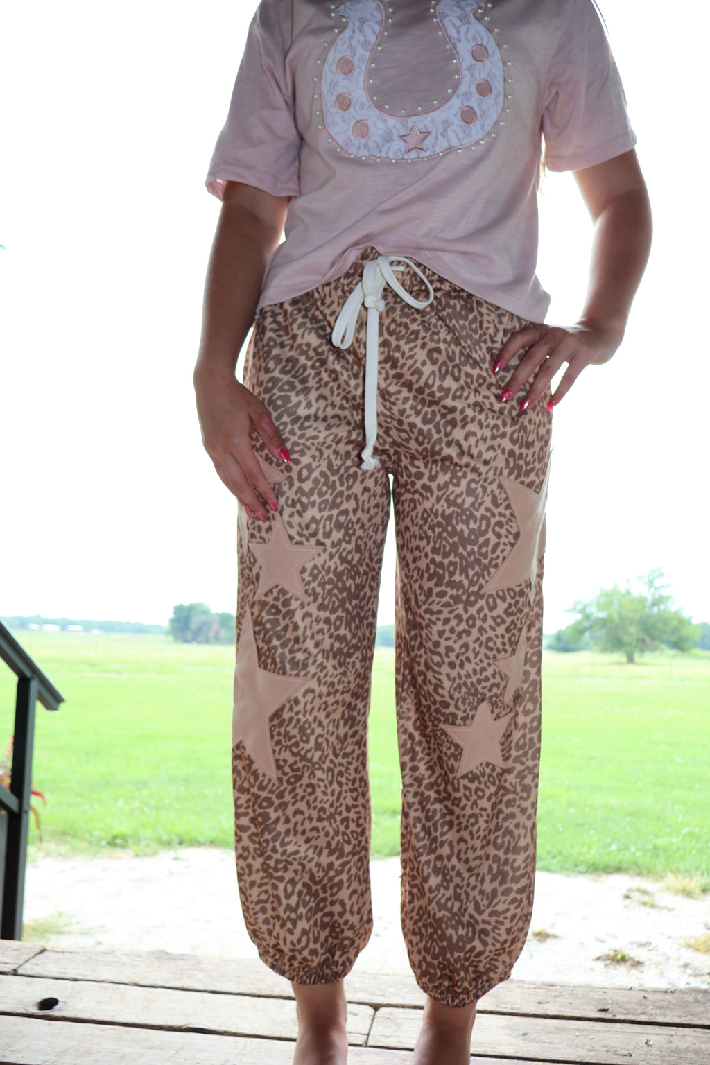 Leopard Star Patch - Khaki - Drawstring Pants